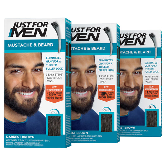 Just For Men Mustache & Beard, Beard Coloring for Gray Hair with Brush, With Keratin Biotin Aloe and Coconut Oil for Healthy Facial Hair - Darkest Brown, M-50, Pack of 3
