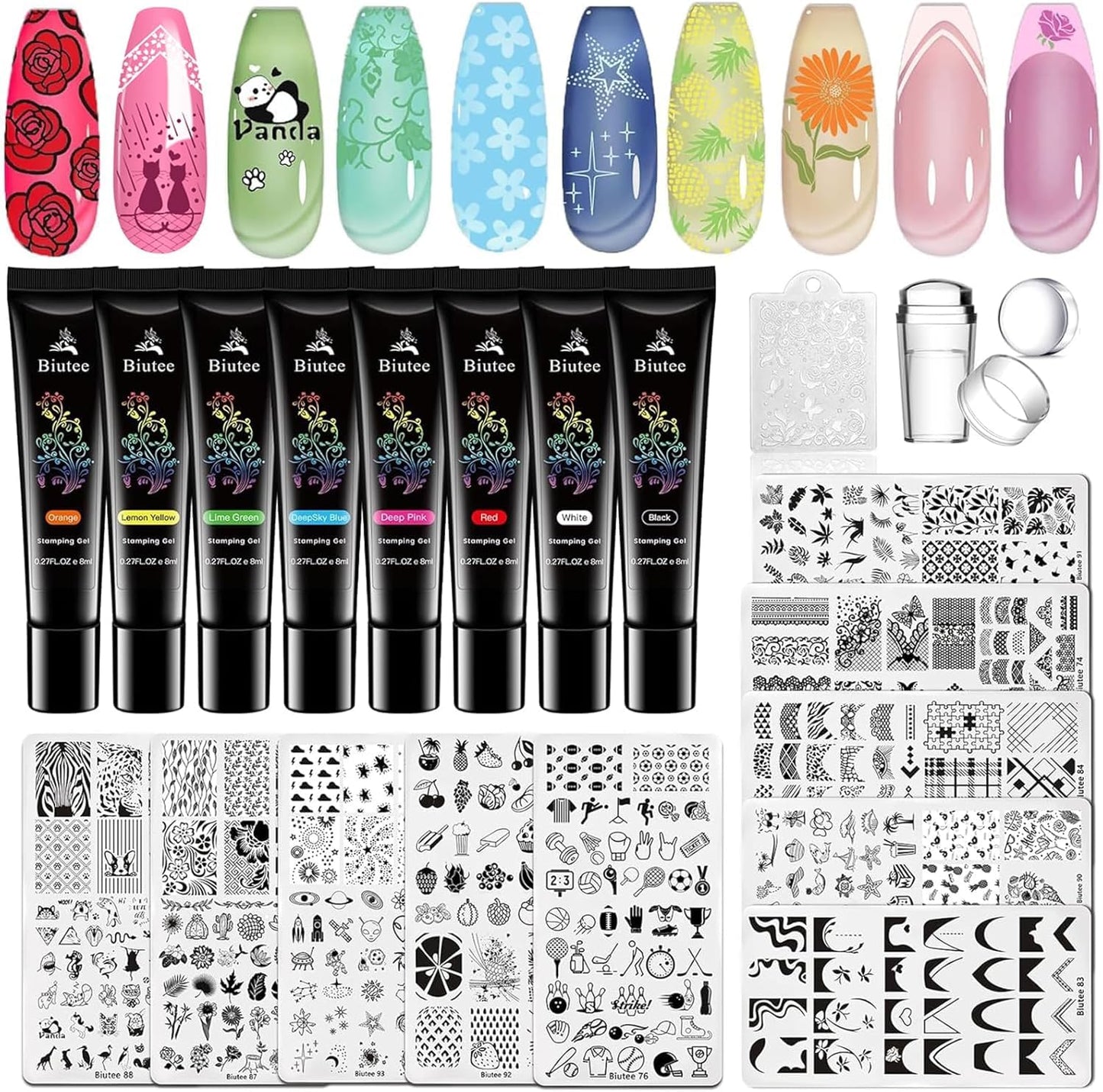 Biutee Nail Stamping Plates Set 10pcs Nail Stamper Kit 8pcs Nail Stamping Polish Gel with Stamper, Nail Art Plates Set for Women Girls DIY Salon & Home