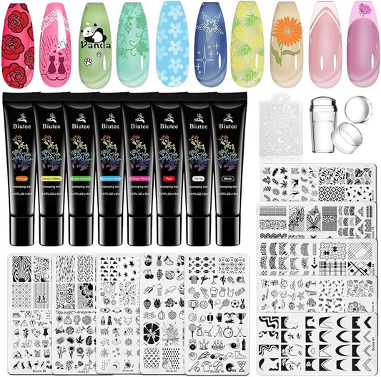 Biutee Nail Stamping Plates Set 10pcs Nail Stamper Kit 8pcs Nail Stamping Polish Gel with Stamper, Nail Art Plates Set for Women Girls DIY Salon & Home