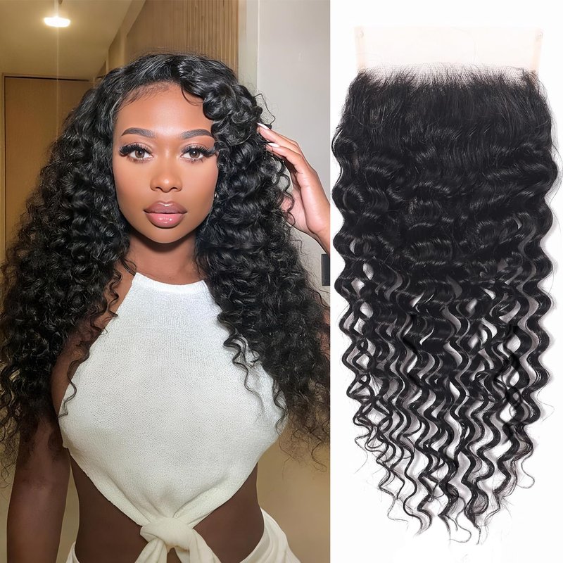 5x5 Deep Wave Lace Closure 100% Human Hair HD Transparent Invisible Lace Closure 12A Brazilian Virgin Remy Human Hair Frontal Closure Free Part Pre Plucked Natural Black 16 Inch