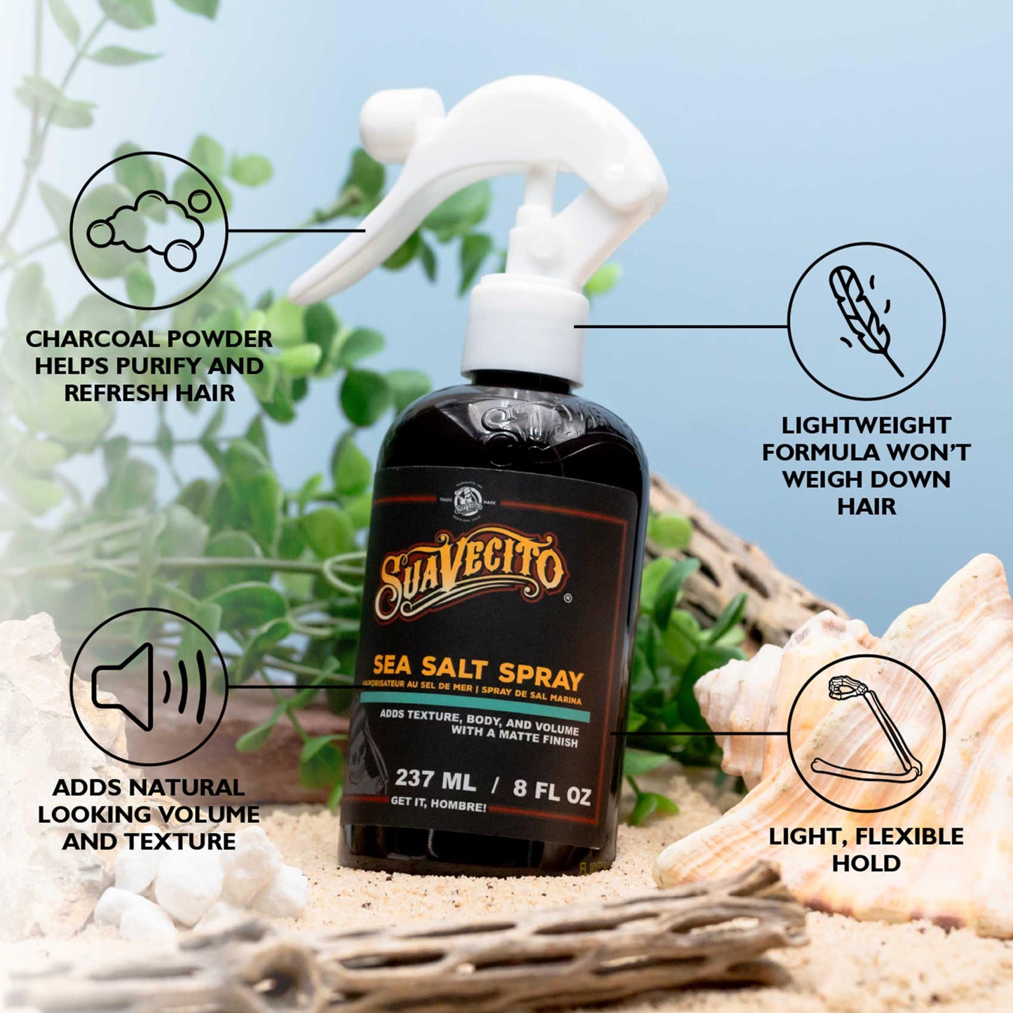 Suavecito Sea Salt Spray - Natural Hair Volume and Texture with Light Flexible Hold for Men, Alcohol & Paraben-Free, 8 oz