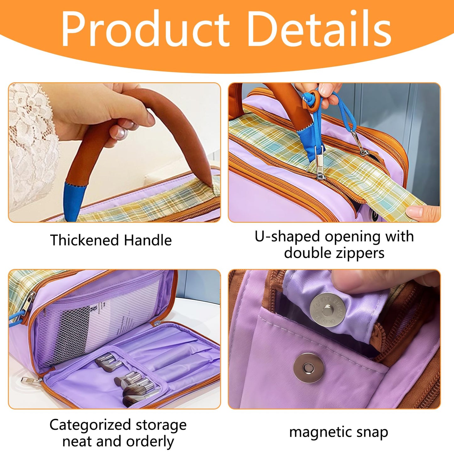 Cozomga 3 - Layer Large - Capacity Makeup Cosmetic Toiletry Bag with Double Zippers & Wide Opening, Portable Travel Organizer for Cosmetics & Toiletries，Purple