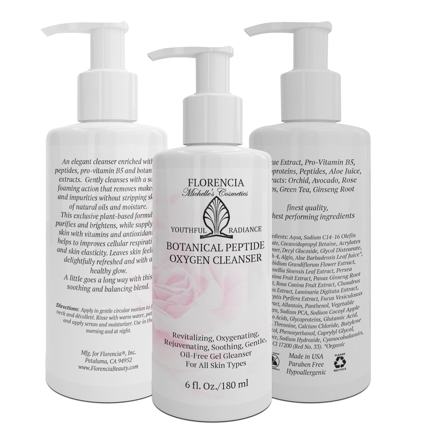 Florencia Botanical Peptide Oxygen Cleanser – Oil-Free Foaming Gel Face Wash with Glycoproteins, Algae & Botanical Extracts, Gentle Revitalizing Daily Facial Cleanser for All Skin Types, 6 Oz