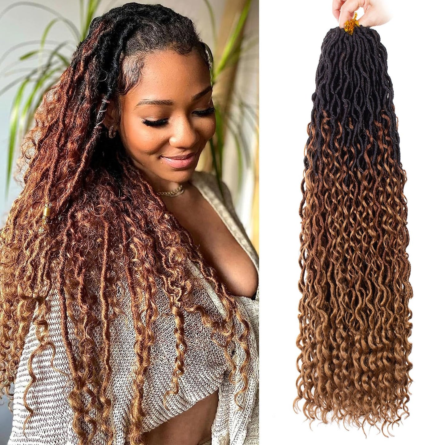 ZRQ 30 Inch Goddess Locs Crochet Hair 8 Packs Ombre Boho Faux Locs Crochet Braids, 3Tone Pre looped Bohmian Locs With Curly End Synthetic Boho River Locs Hair Extension 1B3027#
