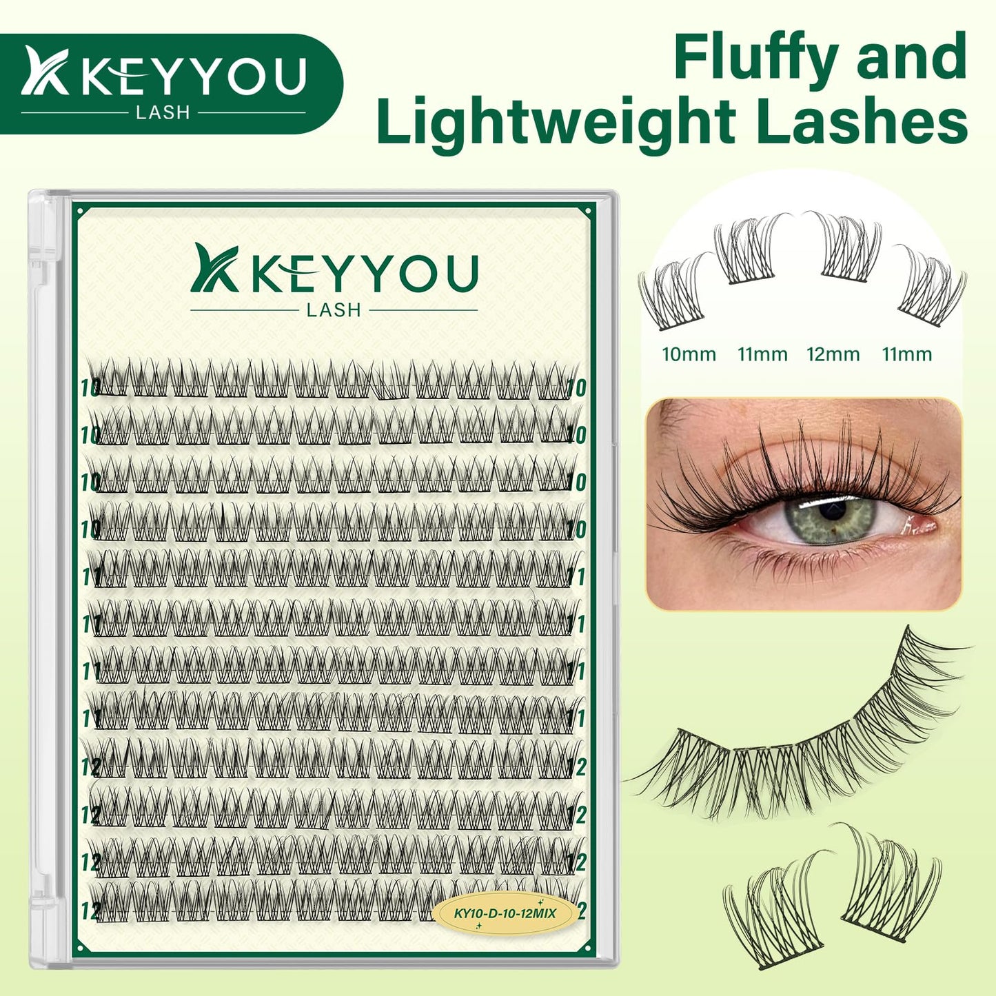 KEYYOULASH Lash Clusters Manga Lash Extension D Curl 144pcs 10-12mm Wispy Eyelash Clusters Natural Volume Eyelash Extensions Individual Lashes DIY at Home(KY10,D-10-12MIX)