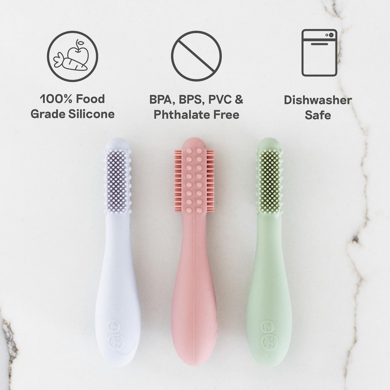ezpz Baby-Led Toothbrush (Sage) - 3 Months + - 100% Silicone Infant Toothbrush with Sensory Bumps - Cleans Gums + New Teeth - Improves Hand-to-Mouth Coordination, Self-Feeding Skills