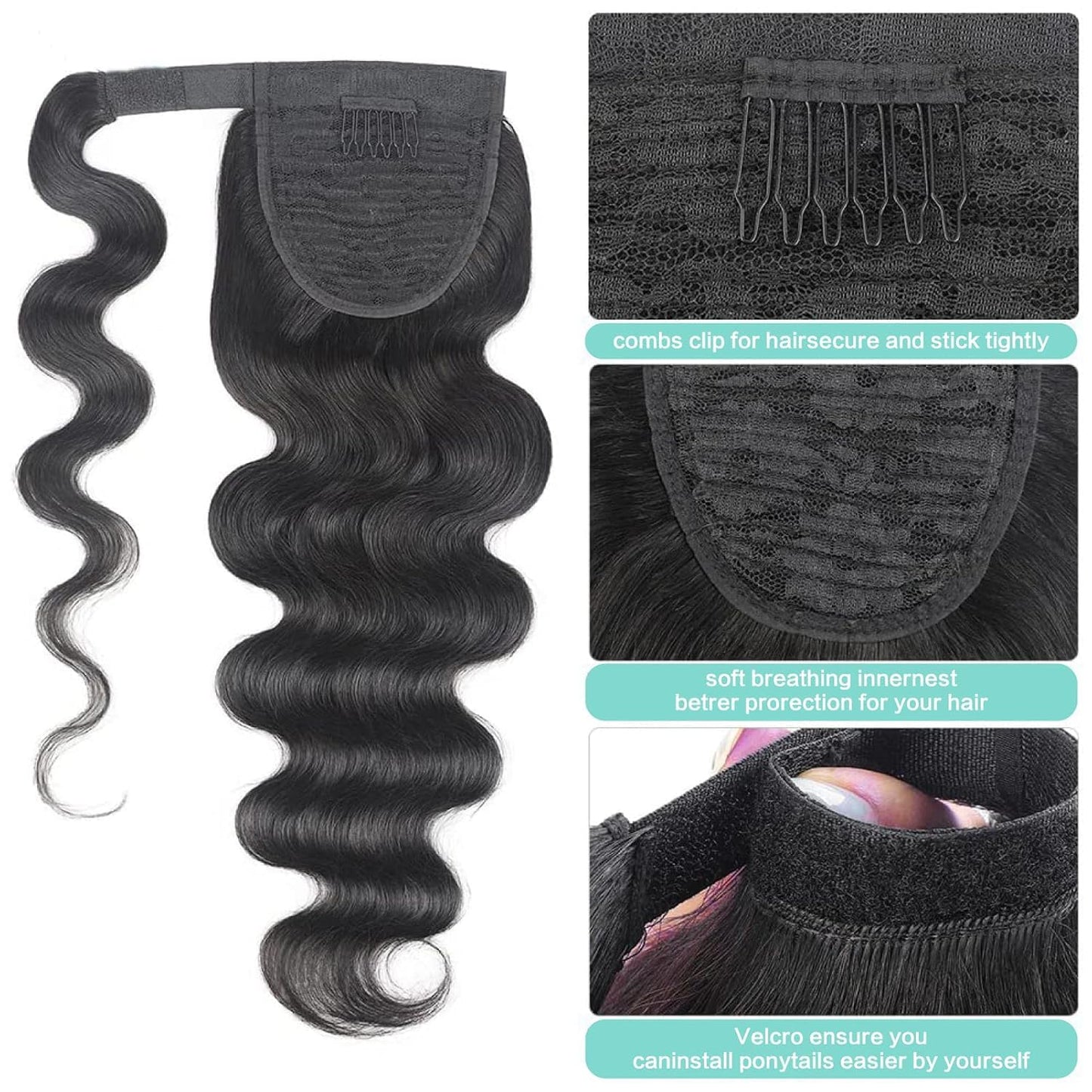 Body Wave Ponytail with Magic Paste Warp Around for Black Women Natural Color 16 Inch