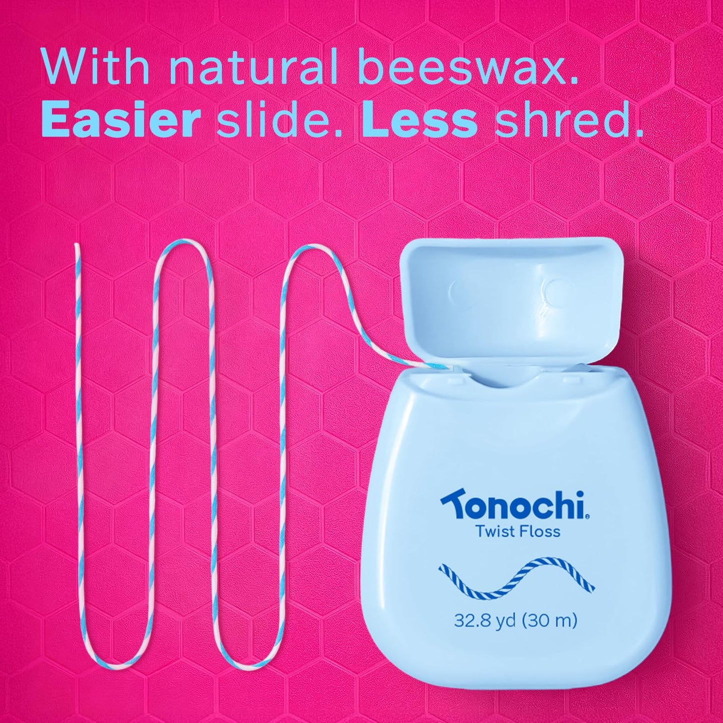 Tonochi Twist Deep Clean Woven Dental Floss for Plaque Removal, Shred-Resistant, PFAS Free, Beeswax Coated, Mint + Xylitol, 3-Pack (33 yd Each)