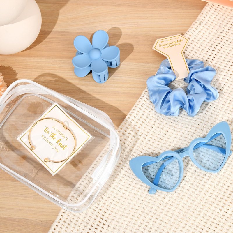 DEEKA 30 Pcs Bridesmaid Proposal Bag Set Gift Clear Makeup Toiletry Bag Bachelorette Party Favors Sunglasses Flower Claw Clips Scrunchies Knot Bracelets Bridal Wedding Party Gifts (Blue)