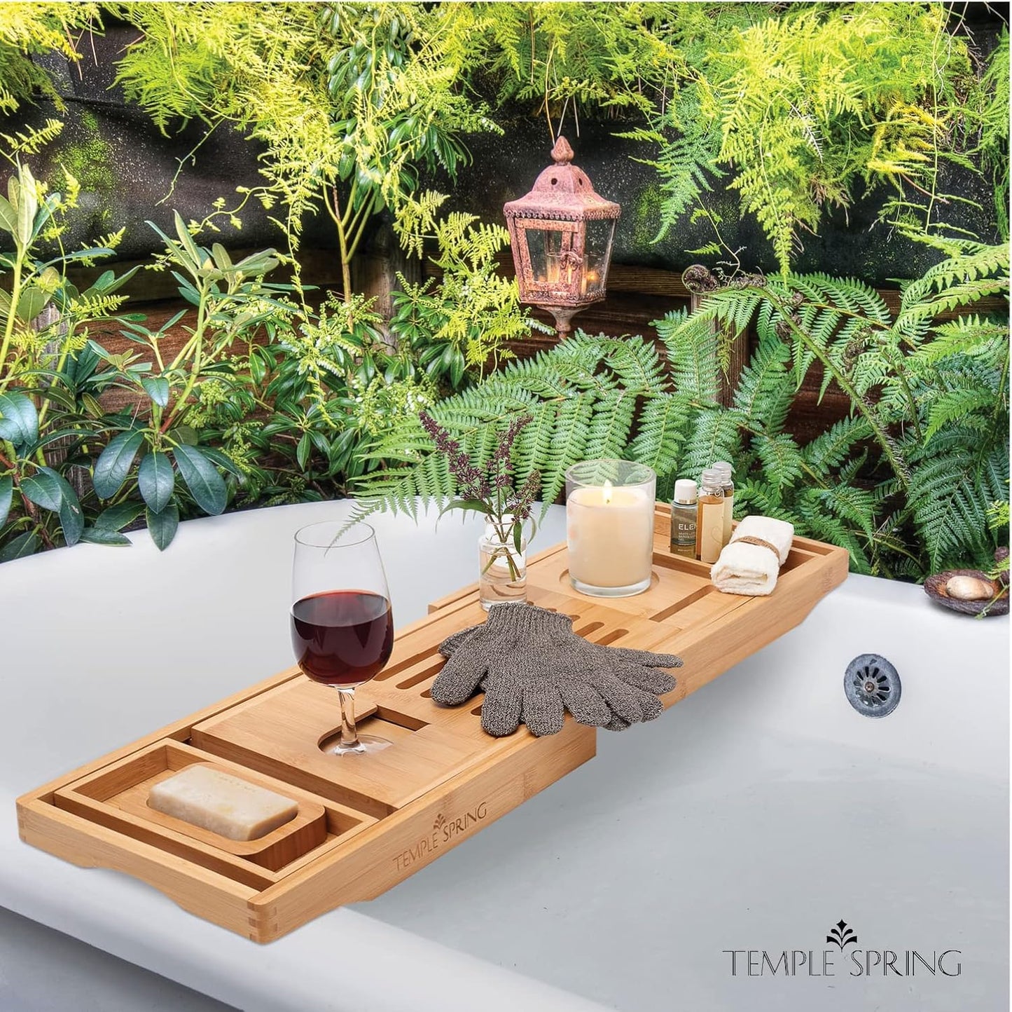 Bamboo Bathtub Tray Caddy - Expandable Wood Bath Tray with Book Stand & Wine Holder | Luxury Spa Gift Set