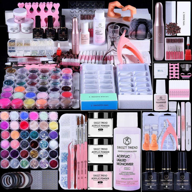 Acrylic Nail Kit with Everything: Beginners Set with Drill - Professional Acrylic Powder Glitter Monomer False Tips Top Base Coat Starter Kit - Full Decorations Nail Supplies for Nail Extensions Gift