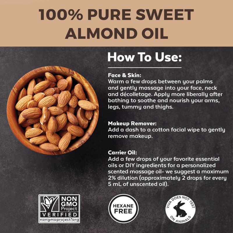Almond Oil (16 oz); Sweet Almond Oil for Skin or Almond Oil for Hair, The Perfect Natural Body Oil for Women, Great as Unscented Massage Oil (Pack of 2)