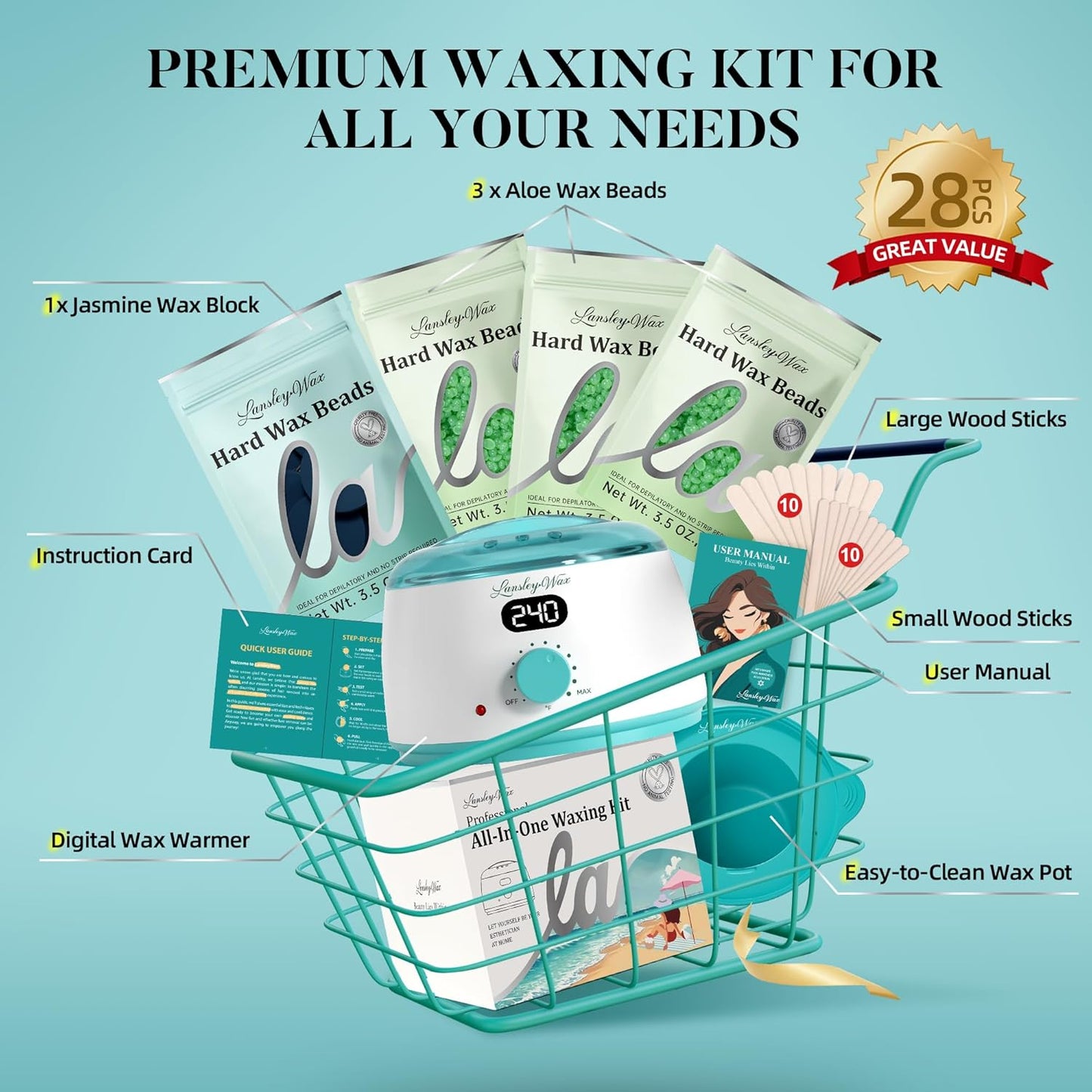 Digital Waxing Kit for Hair Removal - Wax Warmer with Silicone Pot | Hard Wax for Sensitive Skin, Home Use
