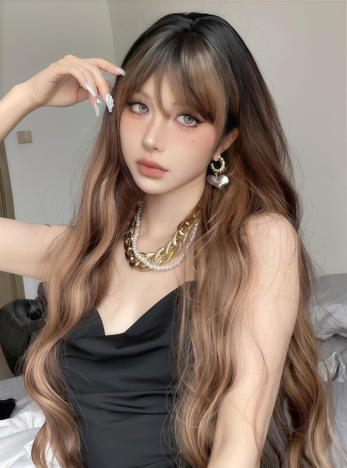 Aadesso Rust Brown Long Straight Wig 65cm Blunt Bangs Daily Synthetic Hair for Women East Asian Fashion K-pop Style Warm Earthy Heat Resistant wig cap (25.6 Inch)