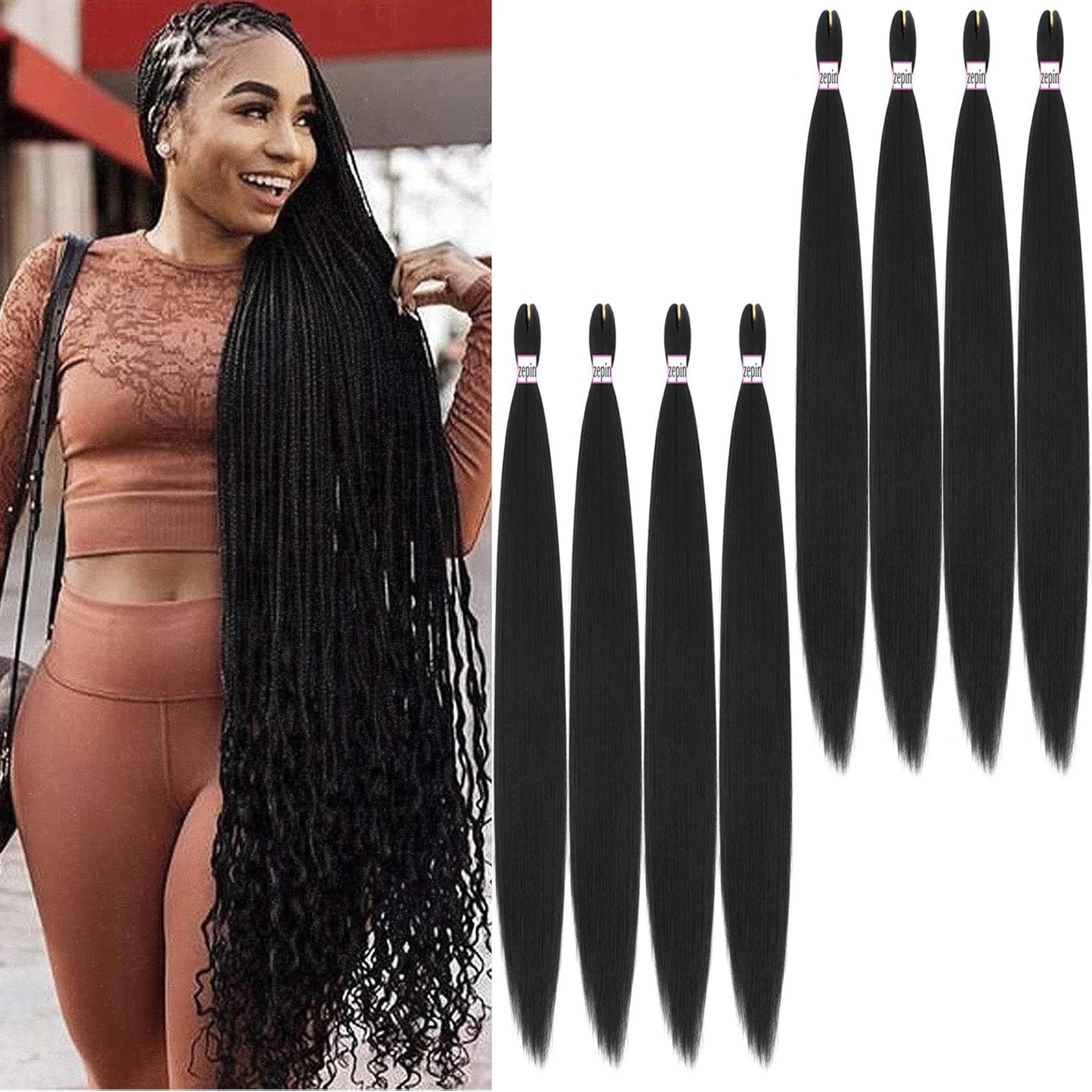 Pre Stretched Braiding Hair 42 Inch 8 Packs Professional Soft Yaki braiding Hair For Braids Hot Water Setting Synthetic Crochet Hair Extensions (1B, 42 Inch (Pack of 8))