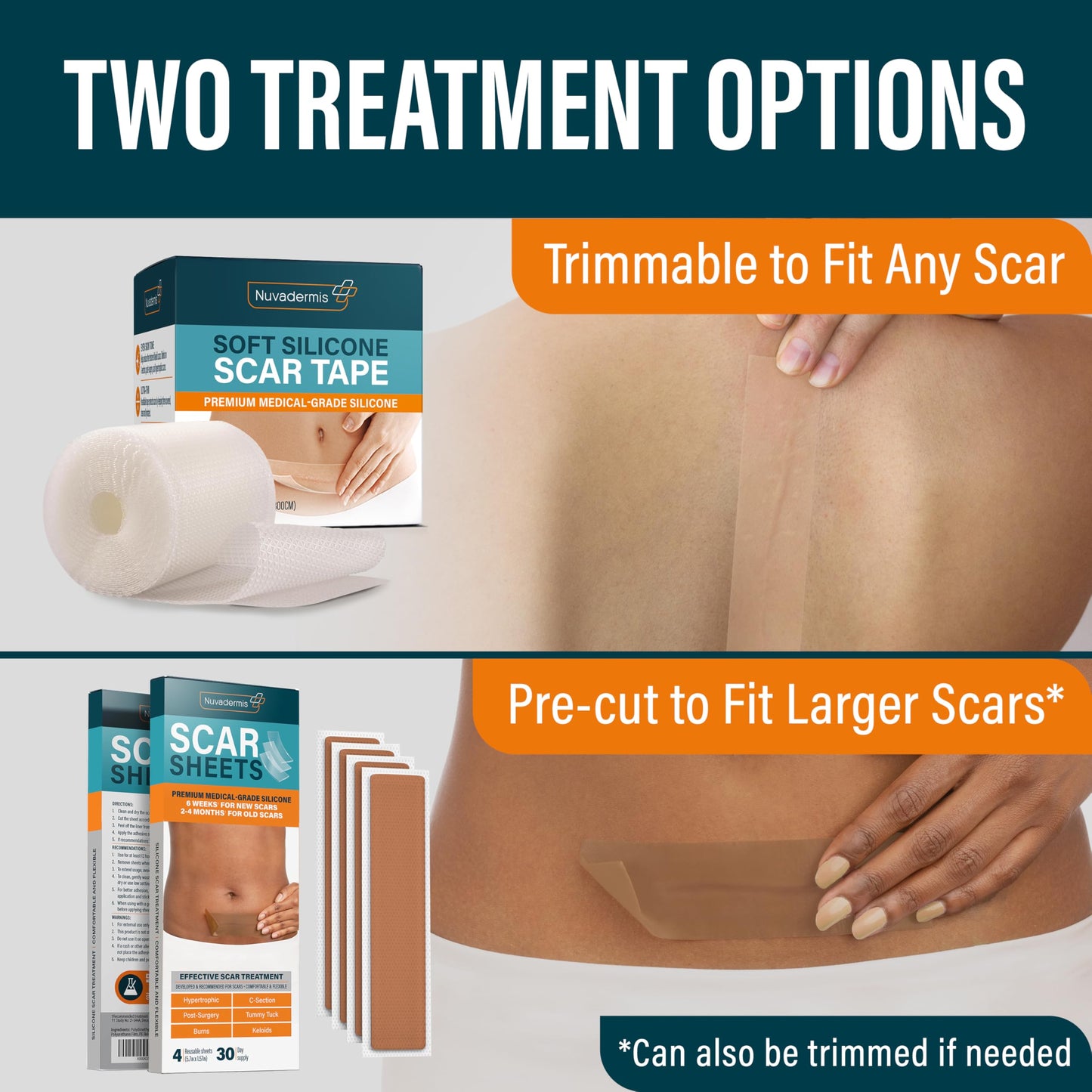 NUVADERMIS Silicone Scar Sheets & Scar Cream Gel - C-Section, Tummy Tuck, Keloid, Acne Removal Treatment - Advanced Post Surgery Supplies - Scars Removal Treatment