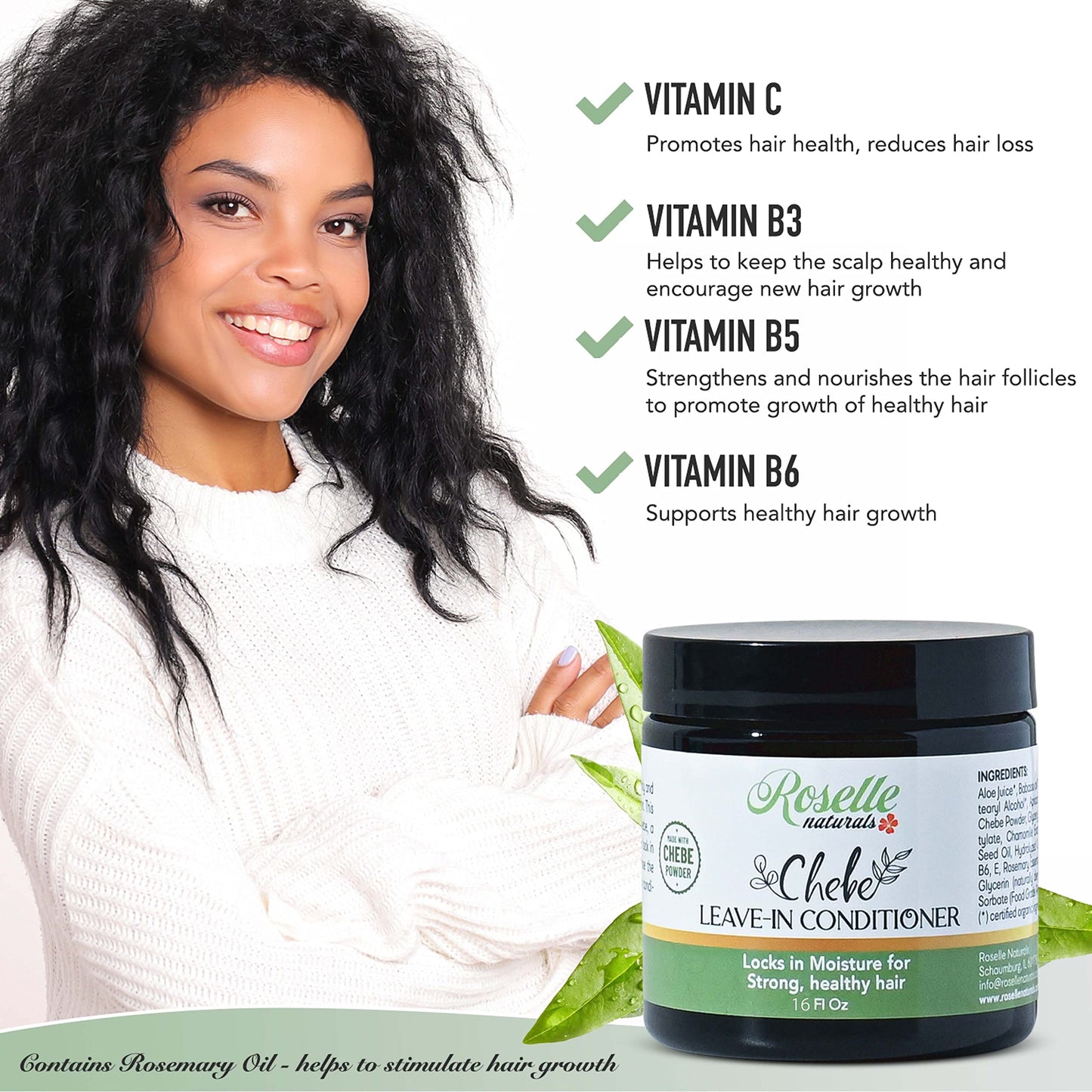 Roselle Naturals Chebe Leave In Conditioner Organic 16 Oz Chebe Powder for Hair Growth, African Chebe & Rosemary Oil, Chebe Hair Leave In Conditioner