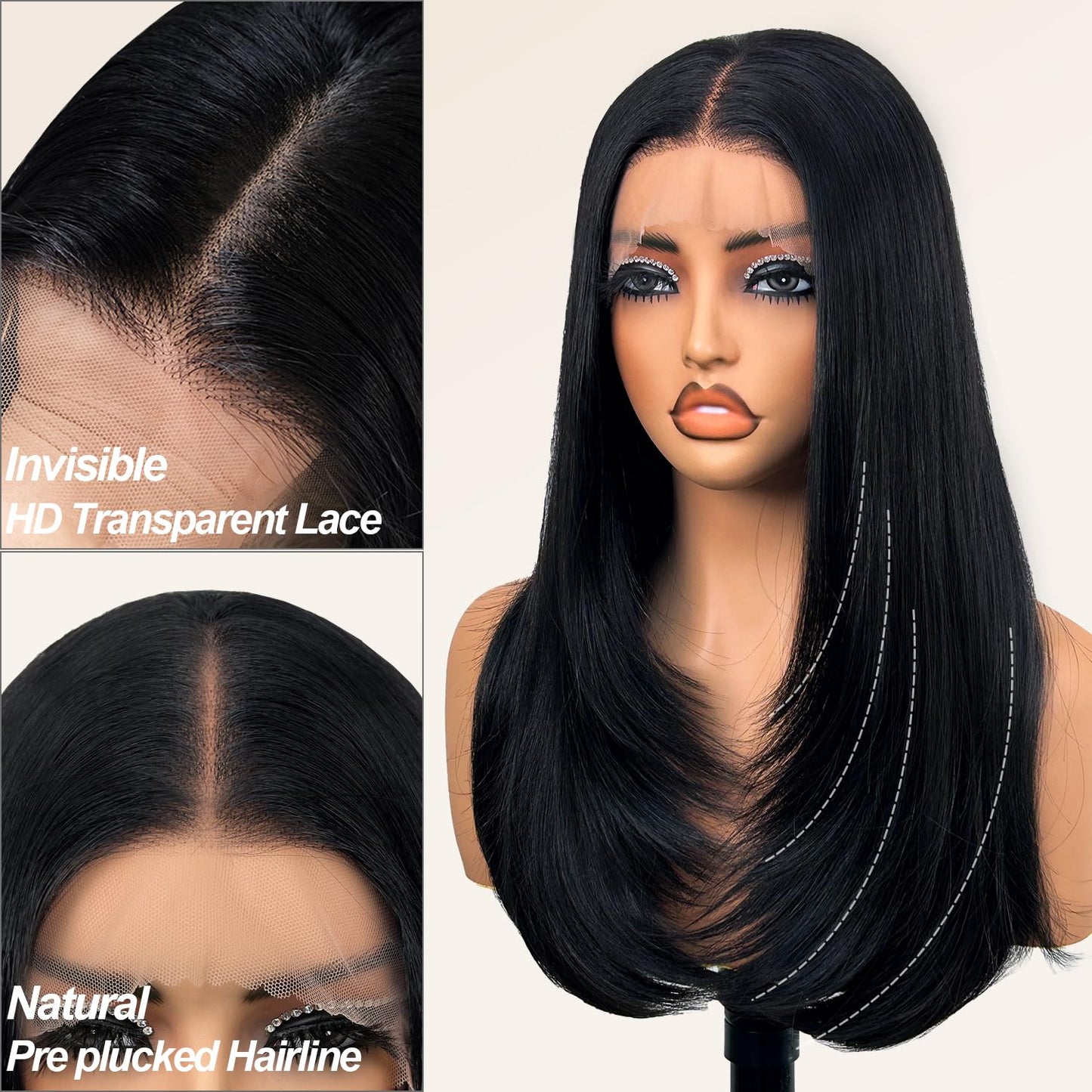 Su Mei.s Glueless Synthetic Lace Front Wig 26 Inches Long Straight Black Wigs for Black Women 13x5x1 HD Lace Hand Tied Pre Plucked Hairline (#1B Natural Black, 26 Inch)