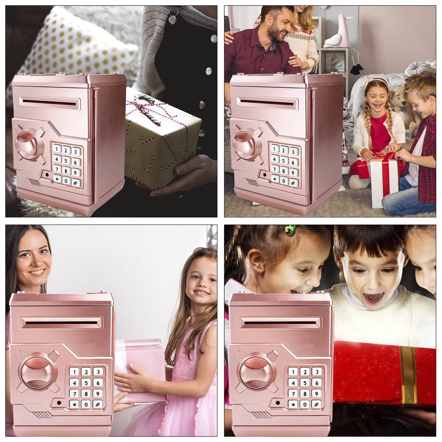 Suliper Electronic Piggy Bank Code Lock for Kids Baby Toy, Mini ATM Safe Coin Cash Banks Real Money Saving Box with Password, Auto Money Scroll for Children,Boys Girls Birthday Gift (Rose Gold)
