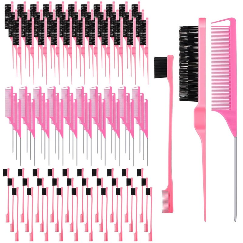 90 Piece Hair Styling Set - Teasing Brushes, Rat Tail Combs & Edge Brushes for Women & Kids | Pink