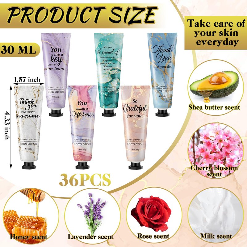 36pcs Hand Cream Thank You Gifts Bulk Inspirational Travel Size Dry Skin Hand Cream for Staff Team Teachers Employee Appreciation Gifts, Moisturizing Mini Body Lotion for Women Men