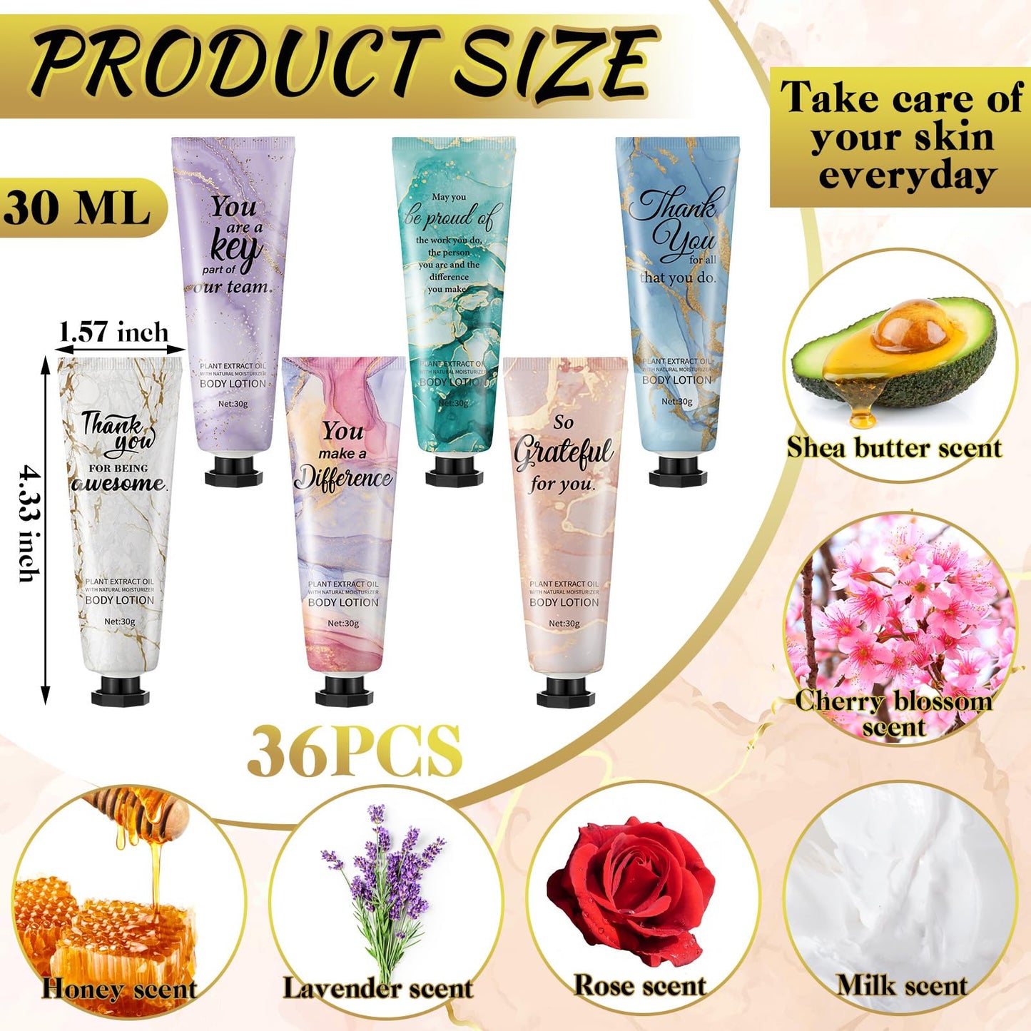 36pcs Hand Cream Thank You Gifts Bulk Inspirational Travel Size Dry Skin Hand Cream for Staff Team Teachers Employee Appreciation Gifts, Moisturizing Mini Body Lotion for Women Men