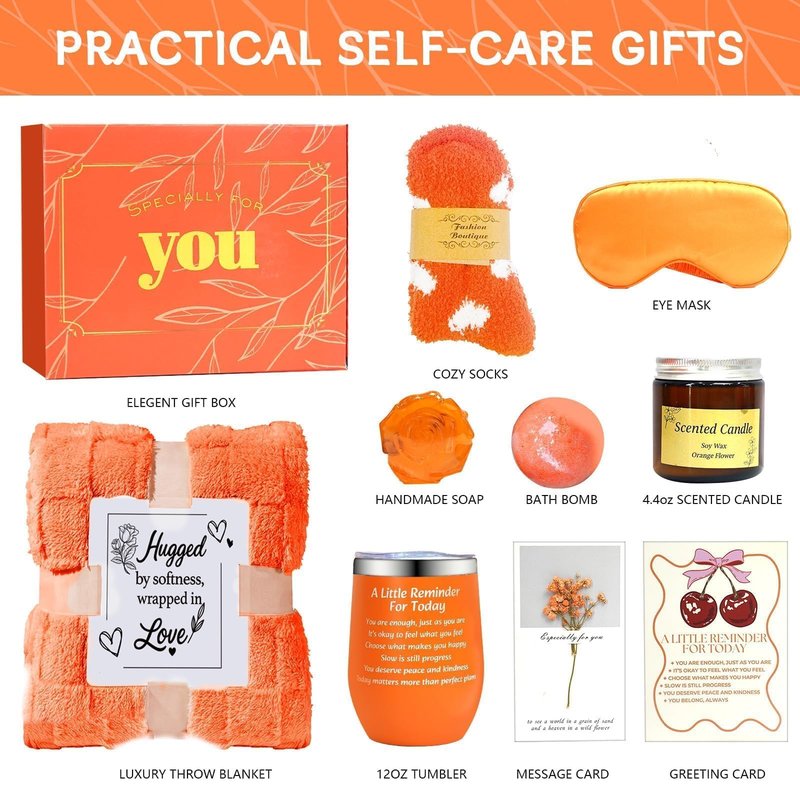 Mothers Day Gifts - Orange Self Care Gift Get Well Relaxing Spa Gift Basket Set, Birthday Spa Gift Baskets for Mom, Sister, Friends Teacher Girlfriend, Mothers Day Gift Baskets for Women