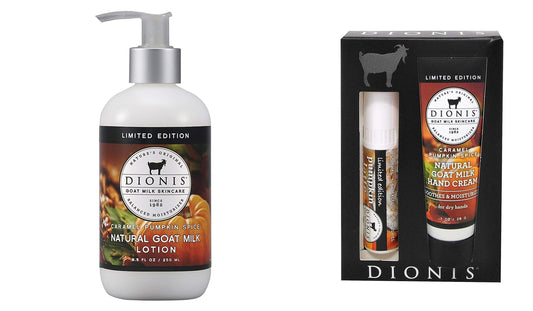 Dionis Goat Milk Skincare Caramel Pumpkin Spice Scented Hand Cream & Lip Balm Set (1 oz and .28 oz) & Goat Milk & Caramel Pumpkin Spice Lotion (8.5oz)