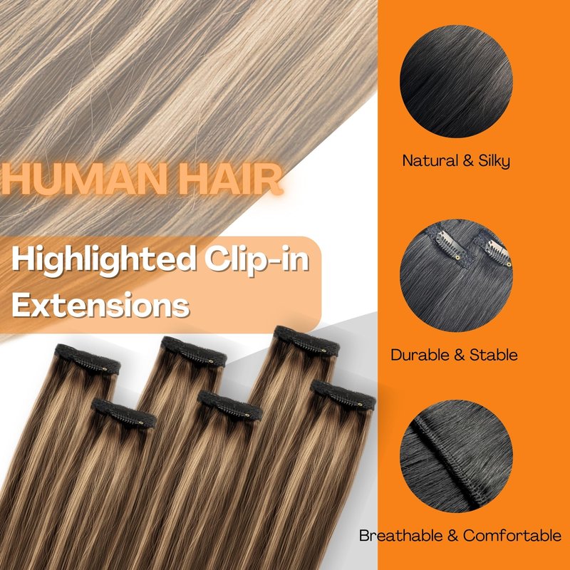 Single Clip In Hair Extensions Real Human Hair, Short Hair Extensions Clip Ins, Remy Balayage Highlight Seamless Hairpieces for Women 6 Pcs 12 Inch 33g Medium Brown Mixed Honey Blonde