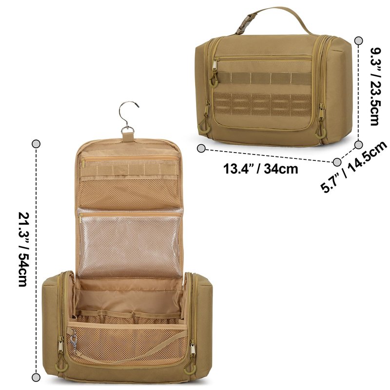 Prokva Tactical Toiletry Travel Bag for Men, Hanging Dopp Kit Hygiene Bag Shower Organizer with Hook for Toiletries and Shaving Care, Khaki (Empty Bag)