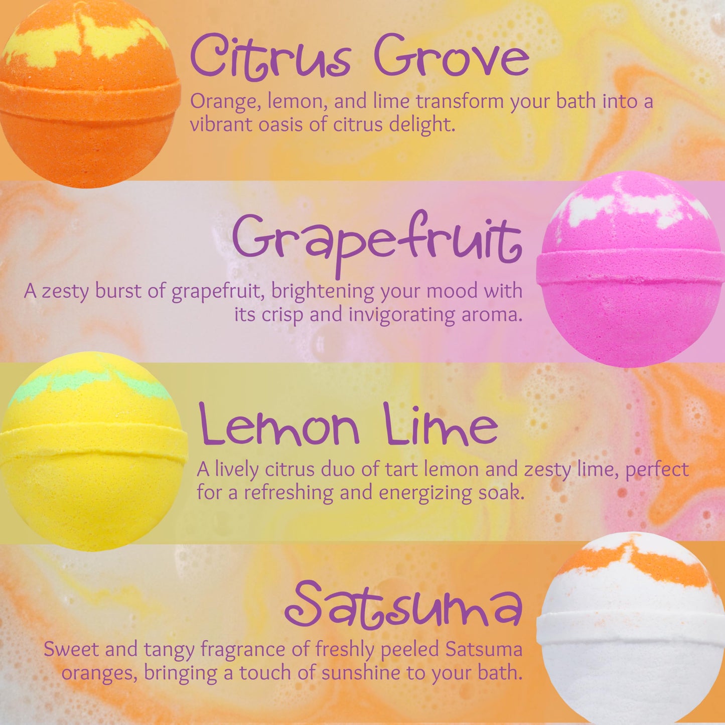The Soap Lady Bath Bombs - Citrus Grove, Grapefruit, Lemon Lime, & Satsuma - 4 Pack