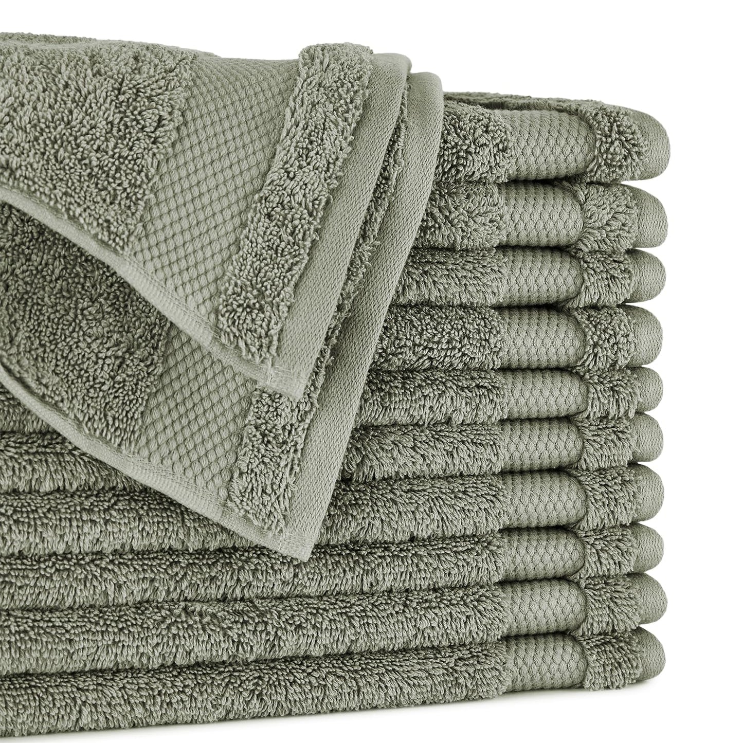 BIOWEAVES 100% Organic Cotton 700 GSM Plush Premium Washcloths 13" x 13" GOTS Certified, Face Towels Perfect for Home & Bathroom - Sage, Pack of 12