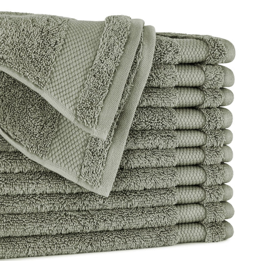 BIOWEAVES 100% Organic Cotton 700 GSM Plush Premium Washcloths 13" x 13" GOTS Certified, Face Towels Perfect for Home & Bathroom - Sage, Pack of 12