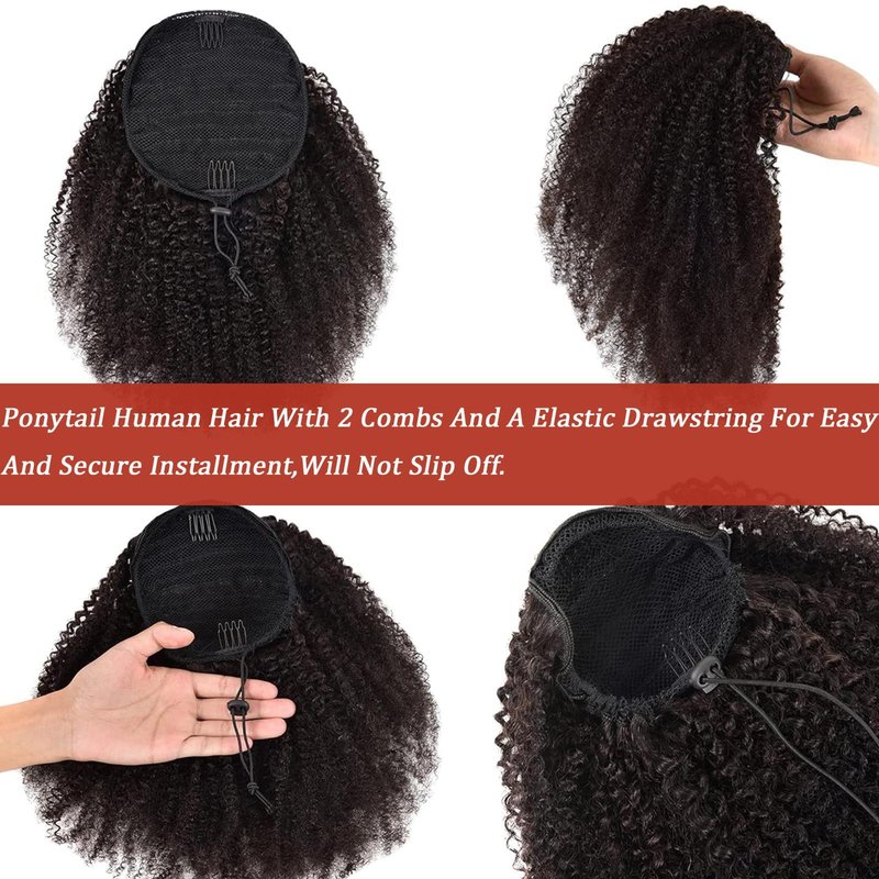 SAKALAKA Ponytail Extension Drawstring Human Hair Clip in Pony Tail Hair Extensions for Black Women Curly Wave Thick Hair Natural Looking Hair Pieces Kinky Curly Human Hair Ponytail（16Inch）