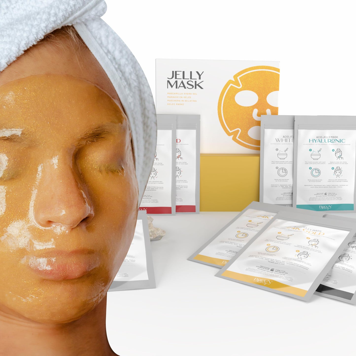 BRÜUN Peel-Off Jelly Mask Rubber Mask - 5 Treatments BHA AHA (Black Gold Salicylic AC, Red Gold Lactic AC, White Gold Glycolic AC, 24k Gold Mandelic AC, Hyaluronic AC) - 2 Packs of Each