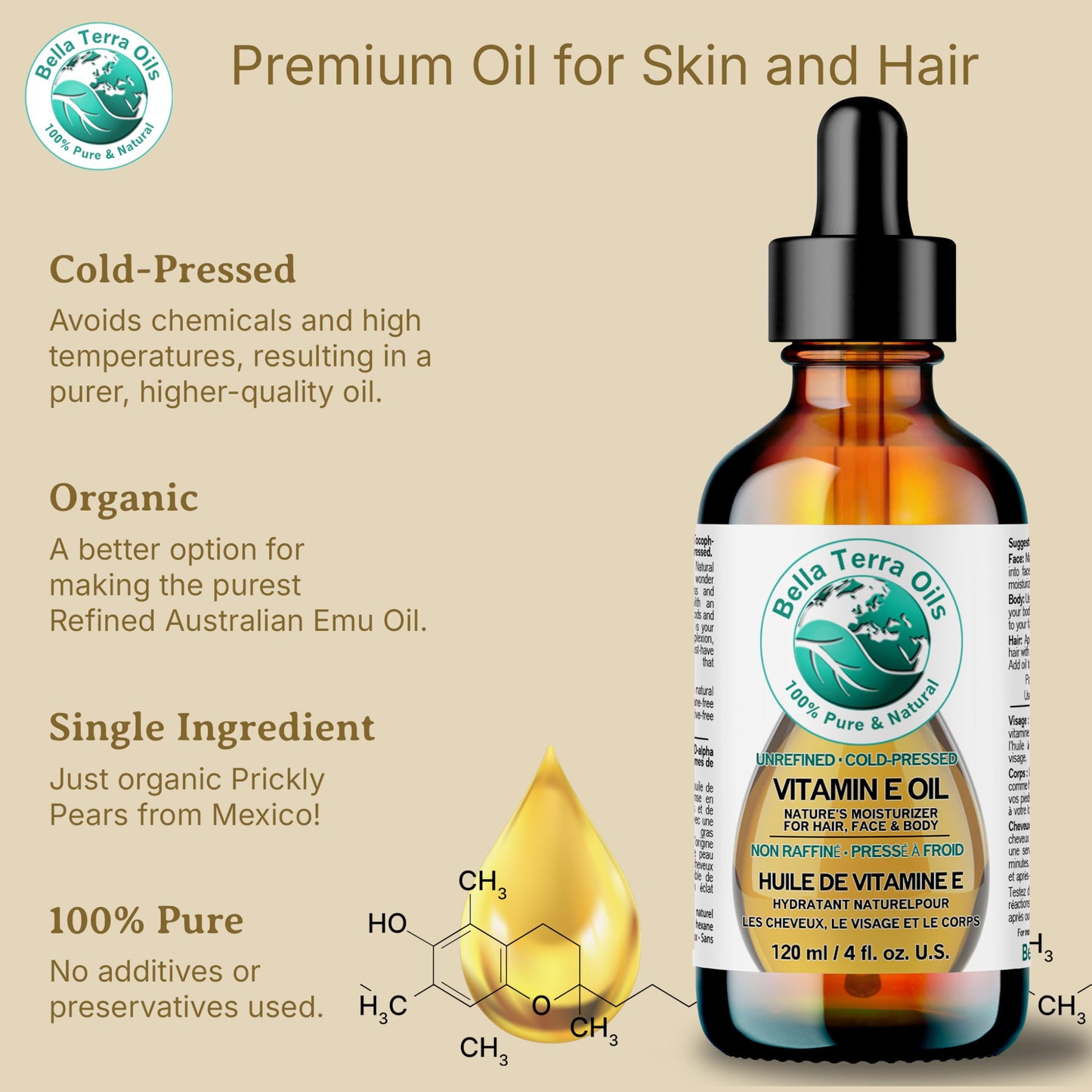 Bella Terra Oils Natural Vitamin E Oil 4oz – Wheat Germ Derived D-Alpha Tocopherol Oil for Face, Body & Hair