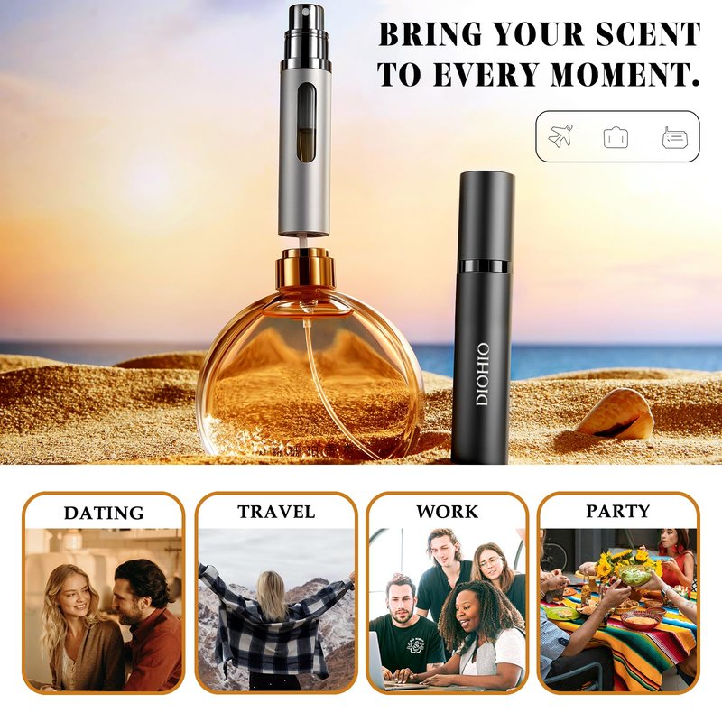 DIOHIO 8ml Perfume Atomizer Travel Refillable,Mini Cologne Dispenser, Bottom-Filling Fragrances Perfumes Bottle,Portable Sprayer Pocket Size for Women Men Cruise Car Trip Gift 2pcs (Black-Silver)