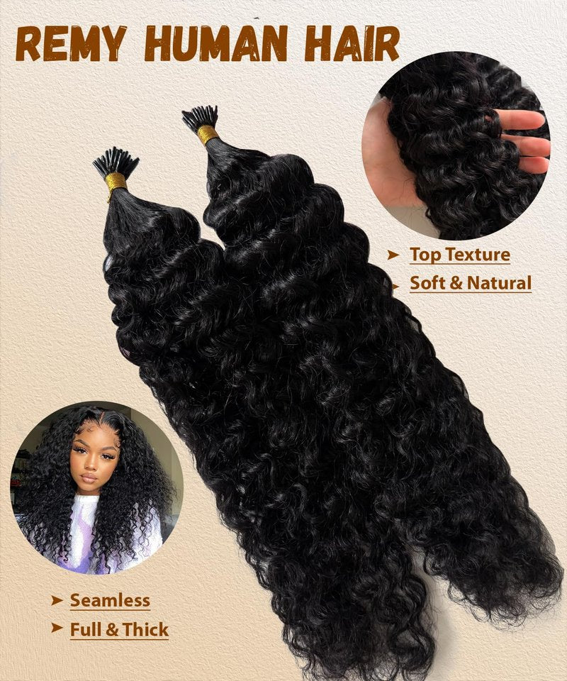 Water Wave I Tip Hair Extensions Human Hair Cold Fusion Itip Flawless Microlinks Curly Hair Extensions Invisible Blends Naturally Individual Strands for Black Women 50G 18Inch Black