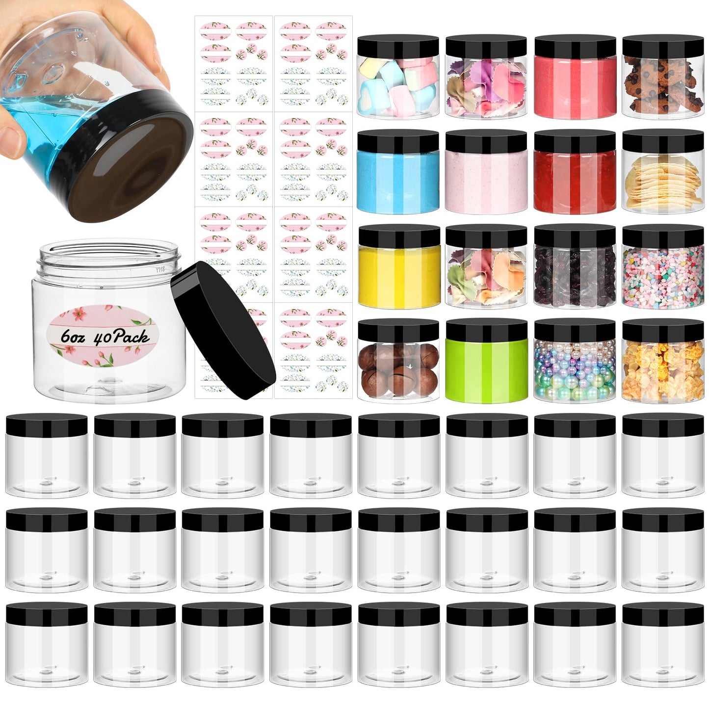 6 oz Small Size Containers 40 Pack, Empty Plastic Jars with Leakproof Lids