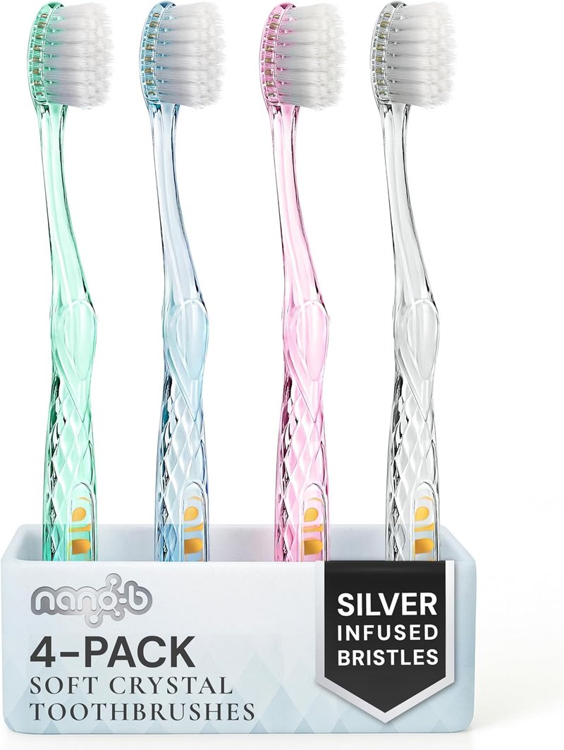 Nano-b Manual Toothbrush Set - Soft/Medium Bristles for Sensitive Gums | 4-Pack in Blue, Pink, Green, Crystal