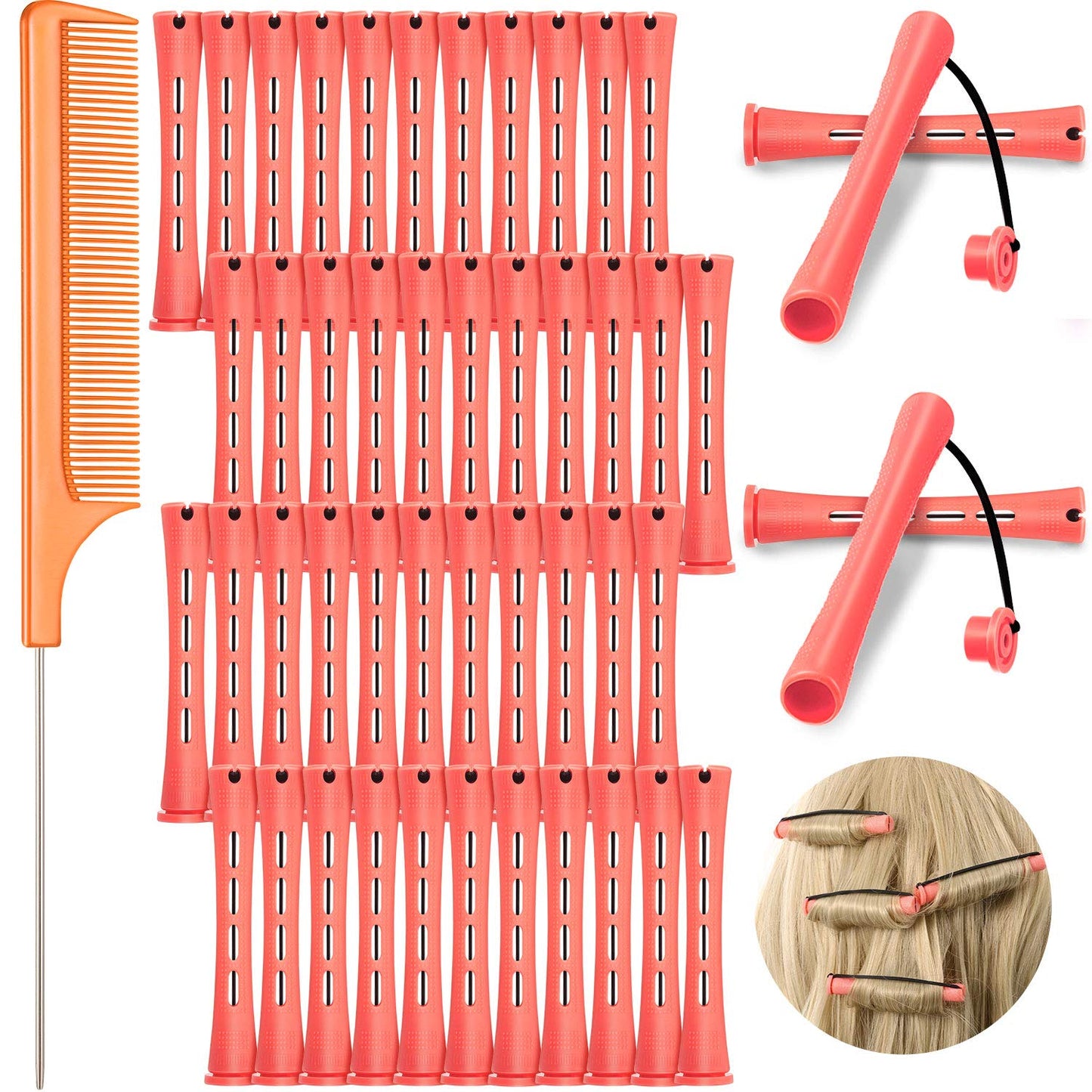 48 Pieces Cold Wave Hair Perm Rods and Plastic Curlers with Steel Pintail Comb for Hairdressing and Styling (Pink, 0.51 Inch/ 1.3 cm)