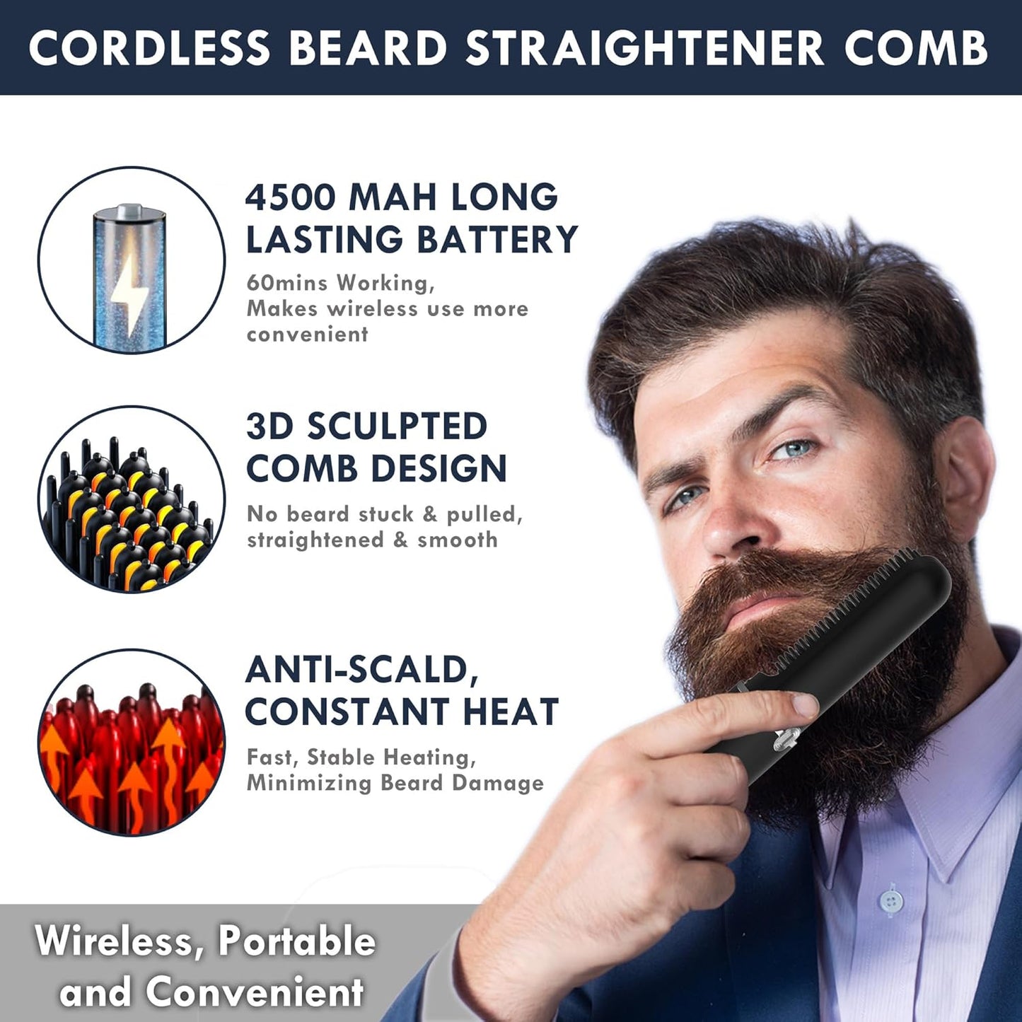 Beard Straightener for Men - Cordless Heated Comb with LCD Display | Anti-Scald, Portable for Travel