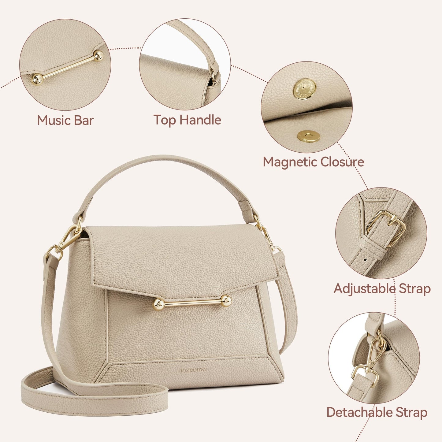 BOSTANTEN Crossbody Bags for Women Vegan Leather Small Purse with Top Handle Shoulder Handbags for Everyday Use