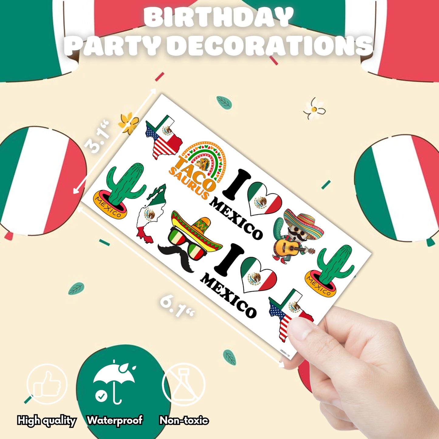 Mexico Independence Day Temporary Tattoos - 100 Pcs (10 Sheets) Viva Mexican Themed Fake Tattoos for Kids & Adults, Party Favors & Decorations