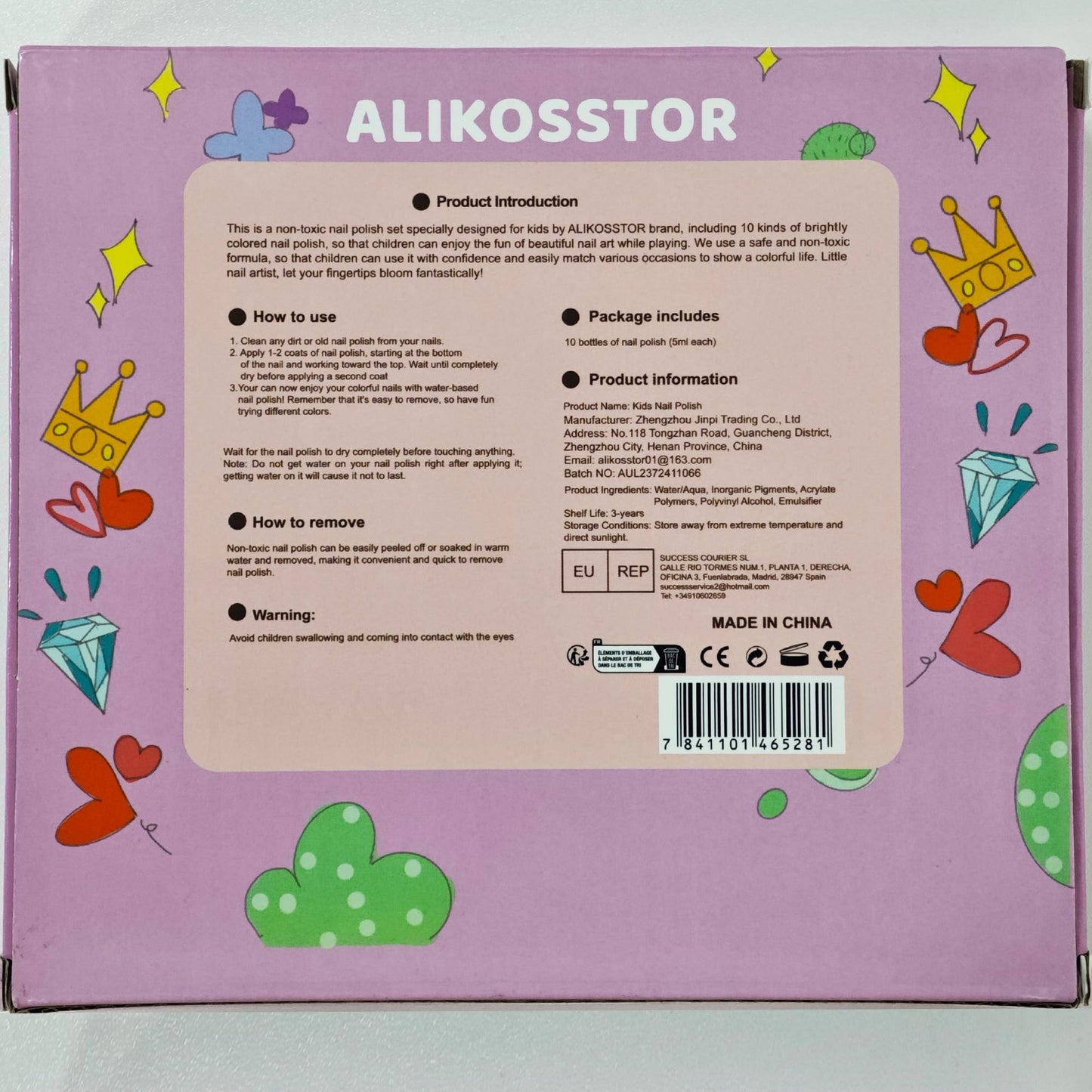ALIKOSSTOR Kids Nail Polish Set, 10 Colors Non Toxic Water Based Peel Off Nail Polish, Quick Dry Toddler Nail Polish Kit, Safe Kids Manicure Set Birthday Gift for Girls