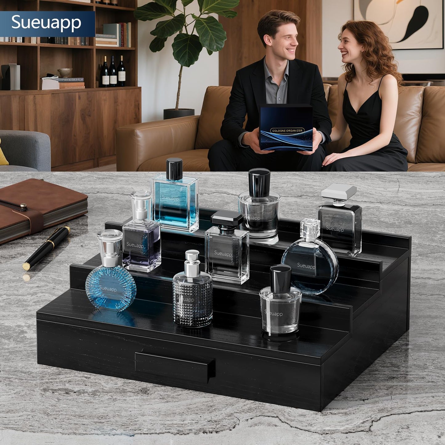 Sueuapp Walnut Wood Cologne Organizer for Men,3 Tier Cologne Stand,Cologne Shelf Display Holder,Perfume Stand Organizer with Hidden Compartment and Drawer,Great Gift for Men,Black
