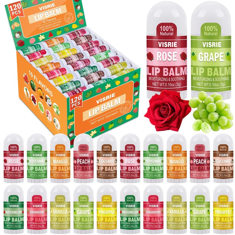 VISRIE 120 Pack Mini Lip Balm Bulk, Natural Lip Balm with Vitamin E & Beeswax, Moisturizing Lip Care for Dry Lips, Perfect for Party Favors, Care Packages & Small Gifts