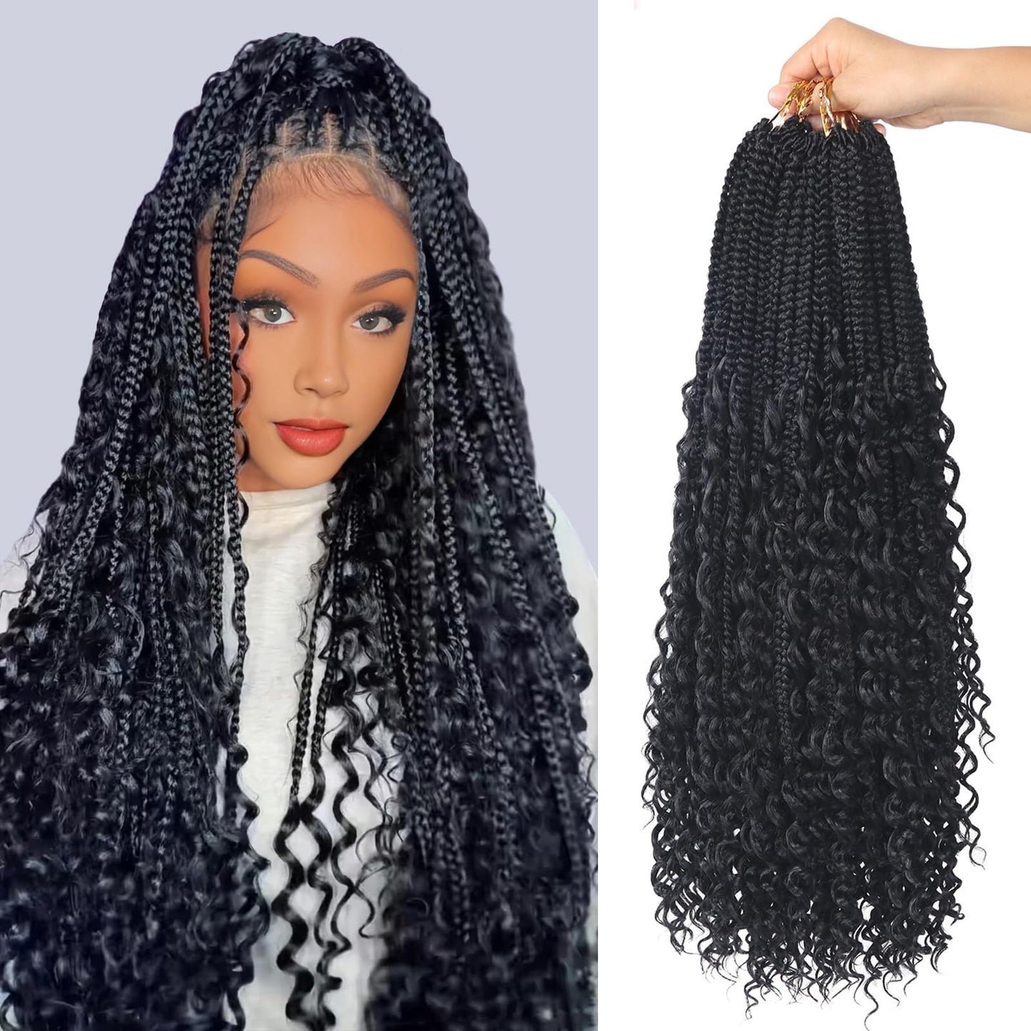YEBO Goddess Box Braids Boho Braids Crochet Hair Pre Looped, Knotless Boho Crochet Braids With Curly Ends, Bohemian Crochet Hair Box Braids(24 Inch (Pack of 8), 1B)