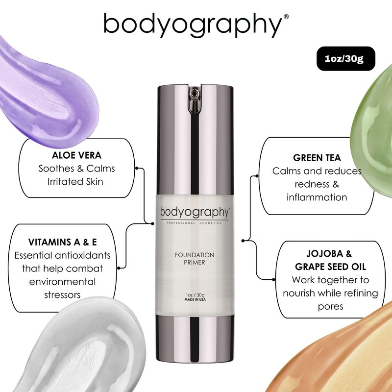 BODYOGRAPHY Foundation Primer | Flawless Anti-Aging Makeup Base with Vitamin E, A, Jojoba & Grapeseed Oil | Shine Control, Smooth Finish | Salon-Quality, Gluten-Free, Cruelty-Free | 1 oz