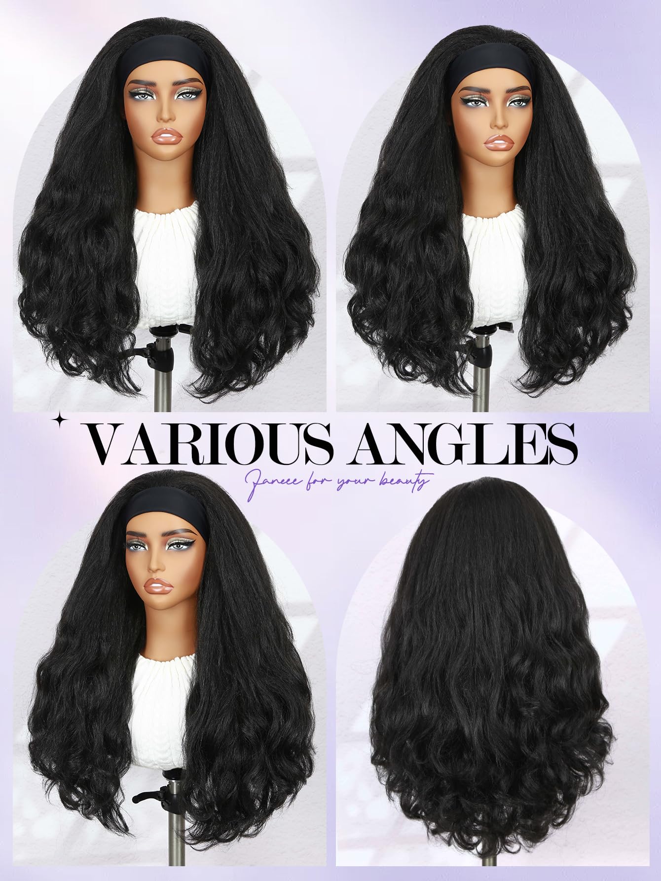 FANCEE Yaki Wavy Headband Wigs for Black Women 26 Inch Black Kinky Straight Wear and Go Wig with Curly Wavy Ends Synthetic Glueless Half Wig with Headbands Attached Blow Out Style Natural Hair Texture
